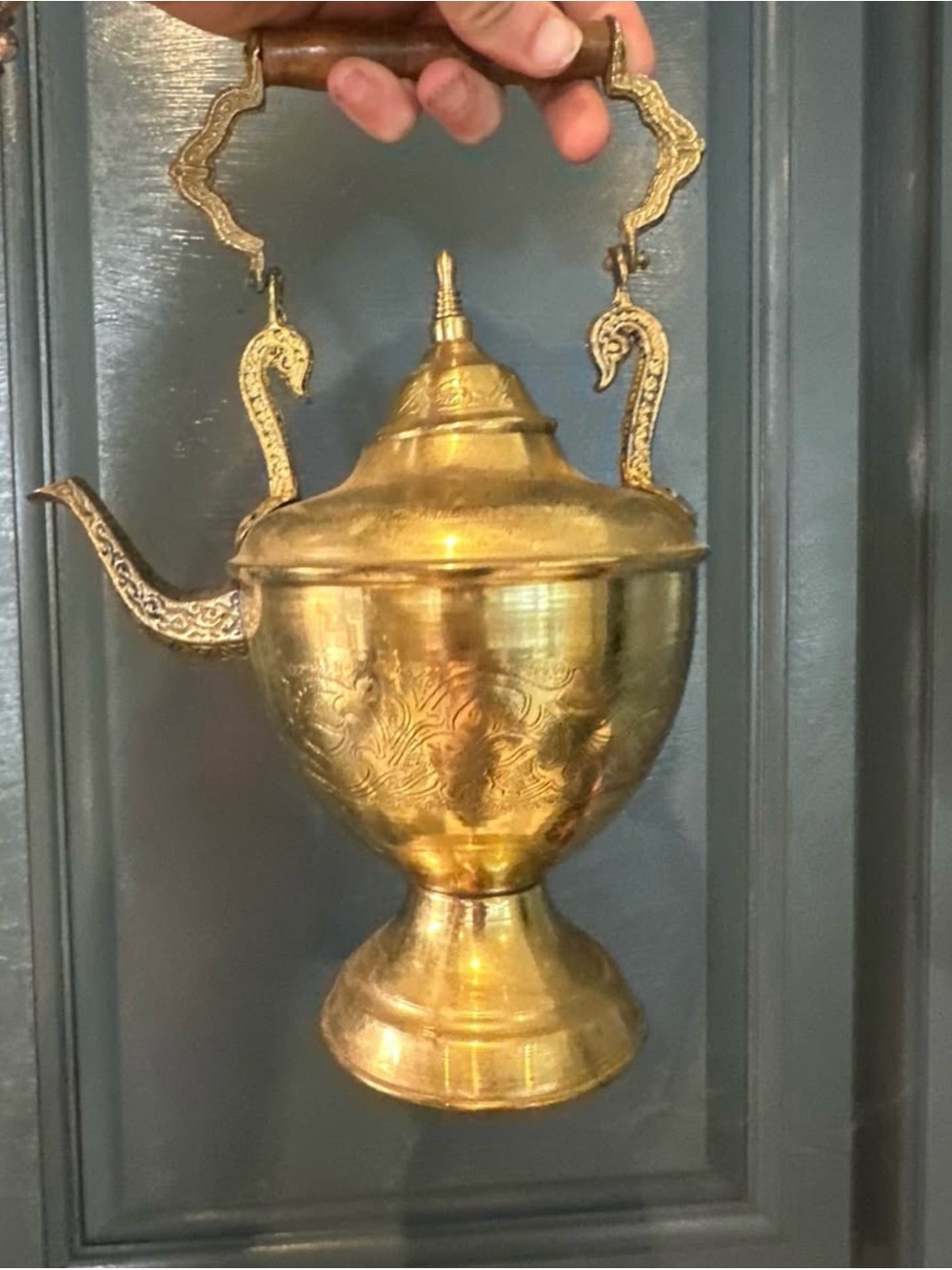 Vintage Ornate Engraved Brass Teapot Samovar Kettle with Wood Handle